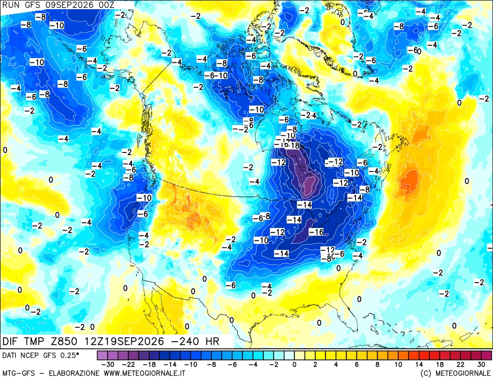 mappa Dif. Temp a 850 hPa Valid - Init