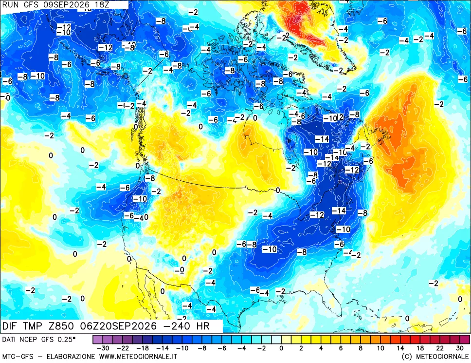 mappa Dif. Temp a 850 hPa Valid - Init