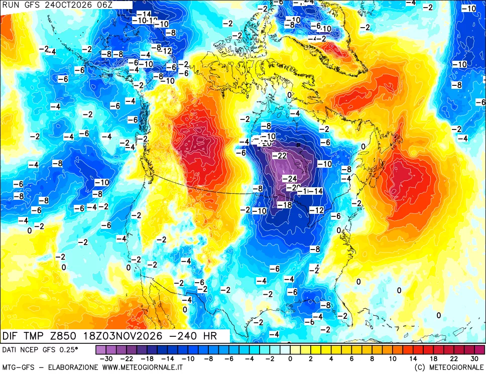 mappa Dif. Temp a 850 hPa Valid - Init