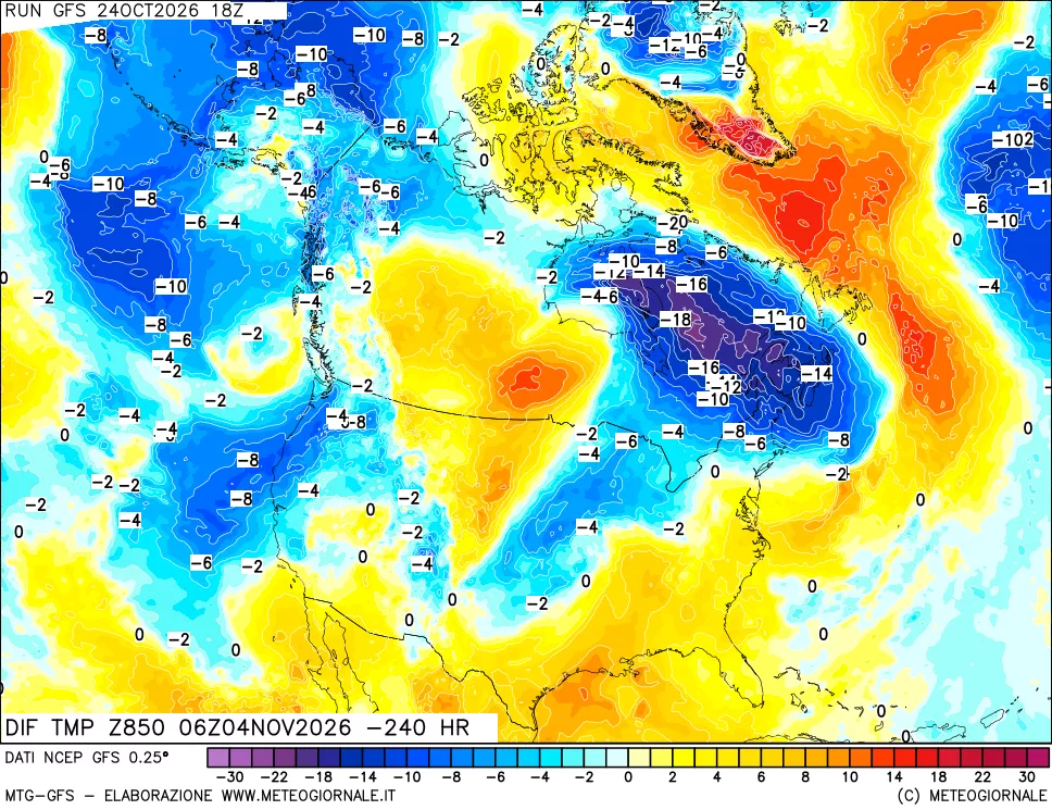mappa Dif. Temp a 850 hPa Valid - Init