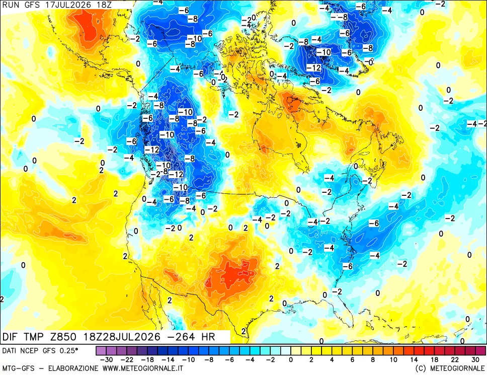 mappa Dif. Temp a 850 hPa Valid - Init