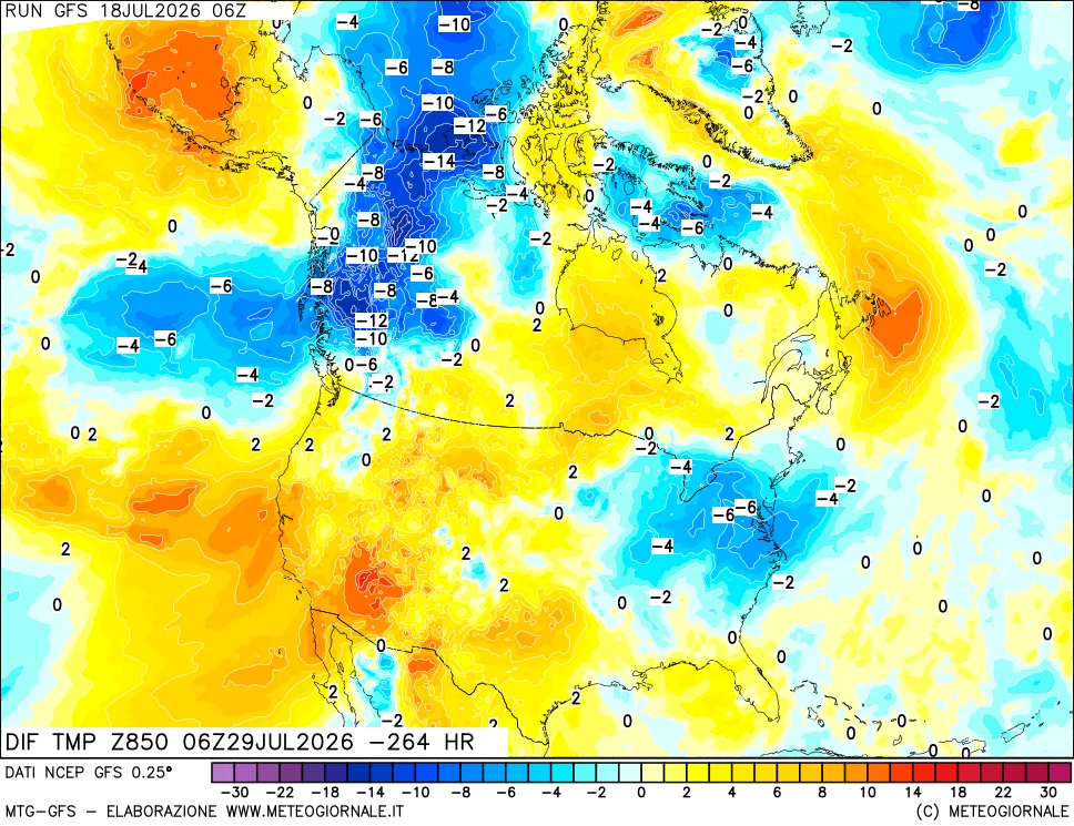 mappa Dif. Temp a 850 hPa Valid - Init