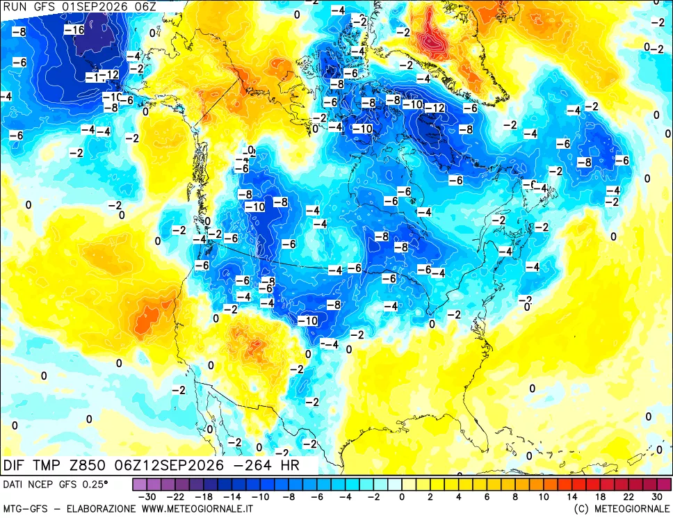 mappa Dif. Temp a 850 hPa Valid - Init