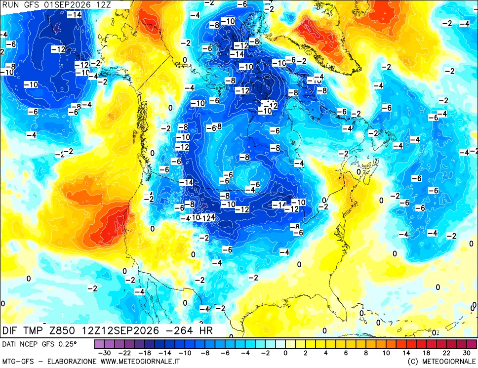 mappa Dif. Temp a 850 hPa Valid - Init