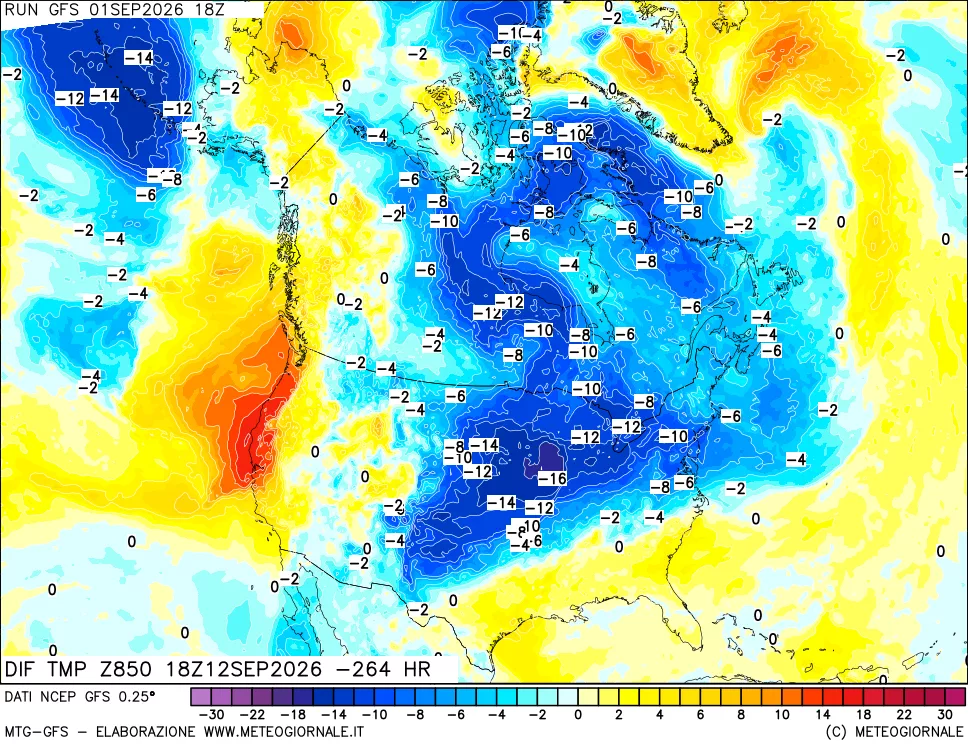 mappa Dif. Temp a 850 hPa Valid - Init