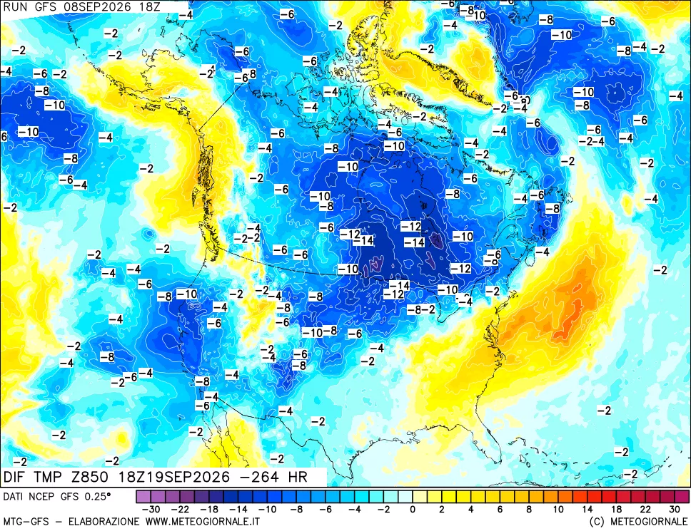 mappa Dif. Temp a 850 hPa Valid - Init