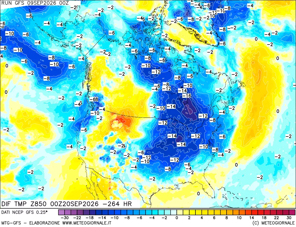 mappa Dif. Temp a 850 hPa Valid - Init
