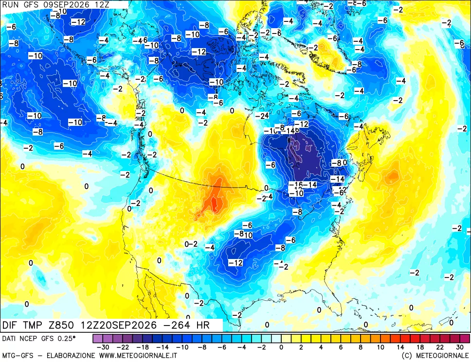 mappa Dif. Temp a 850 hPa Valid - Init