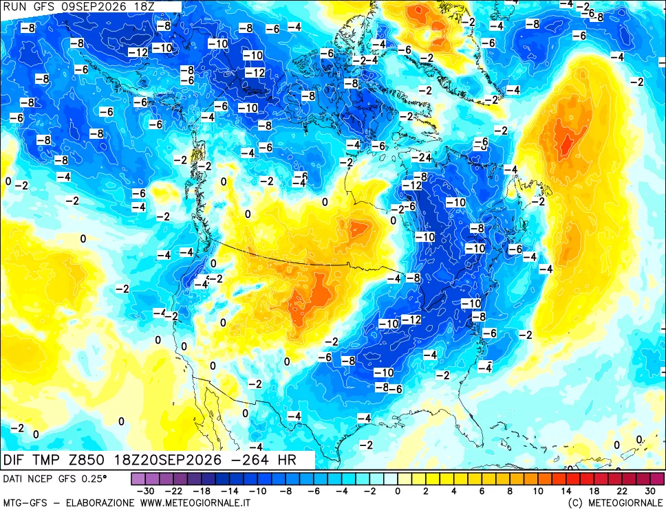 mappa Dif. Temp a 850 hPa Valid - Init