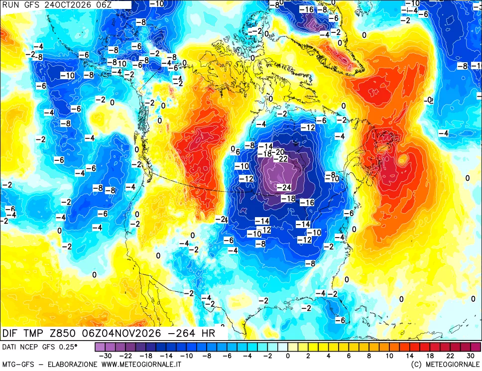 mappa Dif. Temp a 850 hPa Valid - Init