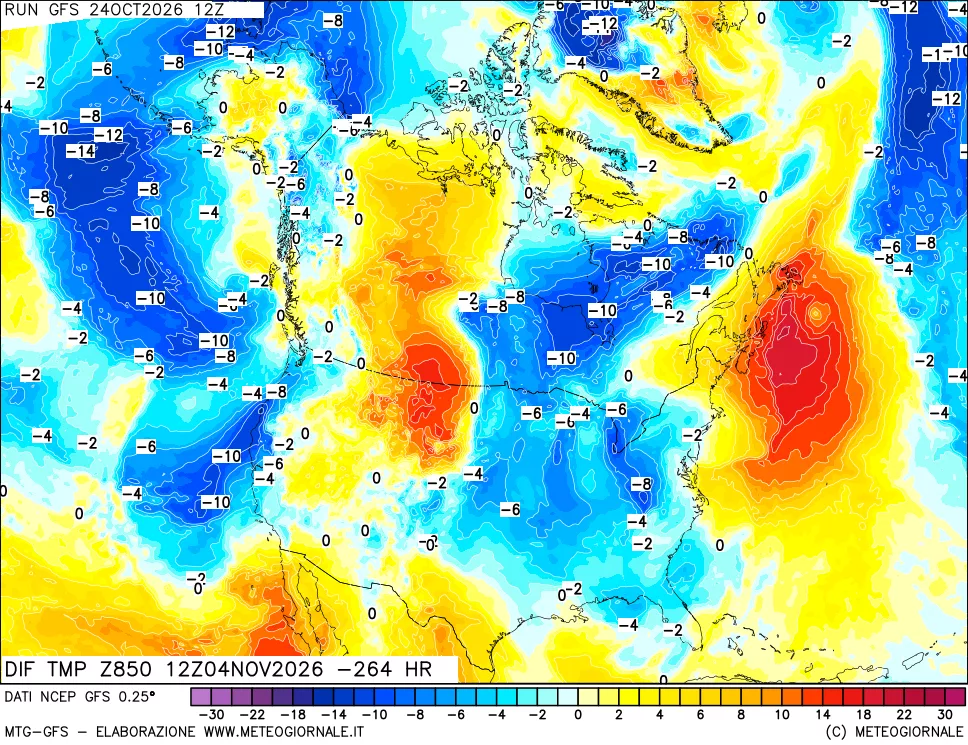 mappa Dif. Temp a 850 hPa Valid - Init