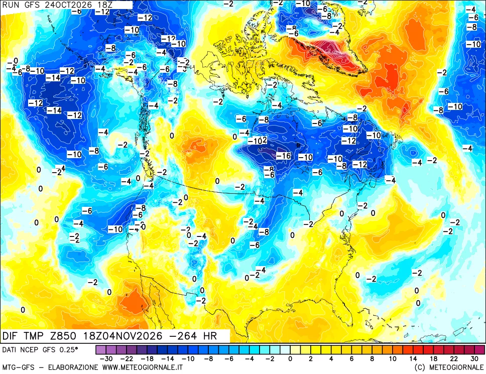 mappa Dif. Temp a 850 hPa Valid - Init