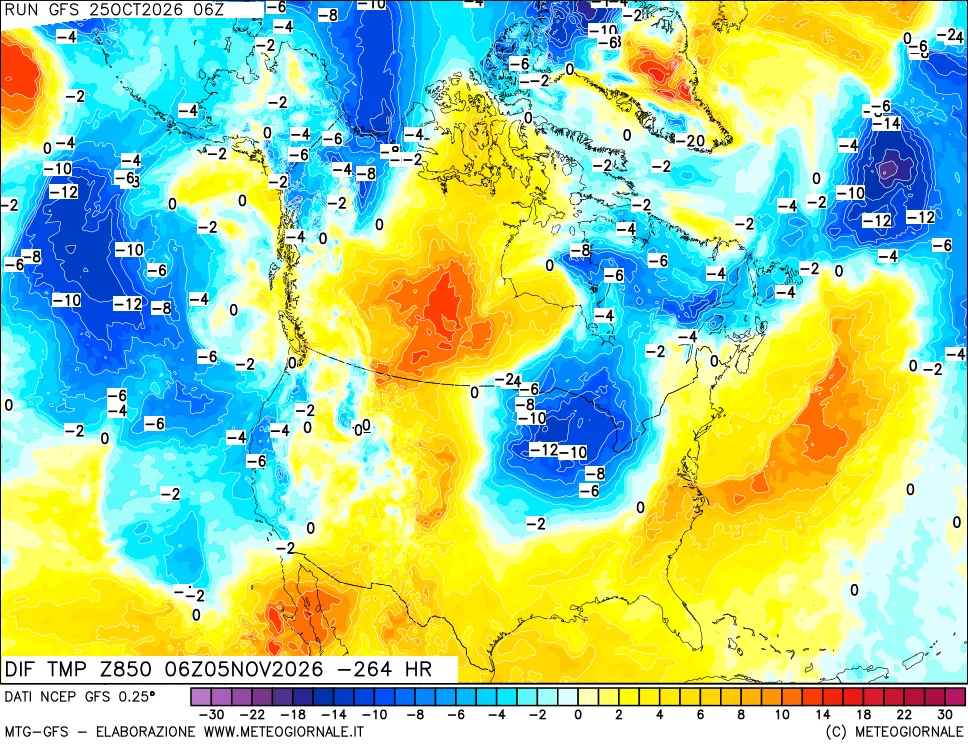 mappa Dif. Temp a 850 hPa Valid - Init