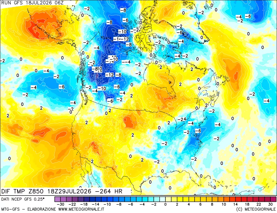 mappa Dif. Temp a 850 hPa Valid - Init