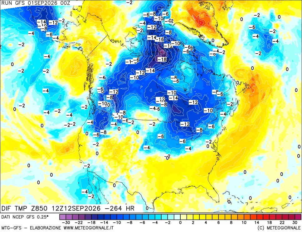 mappa Dif. Temp a 850 hPa Valid - Init