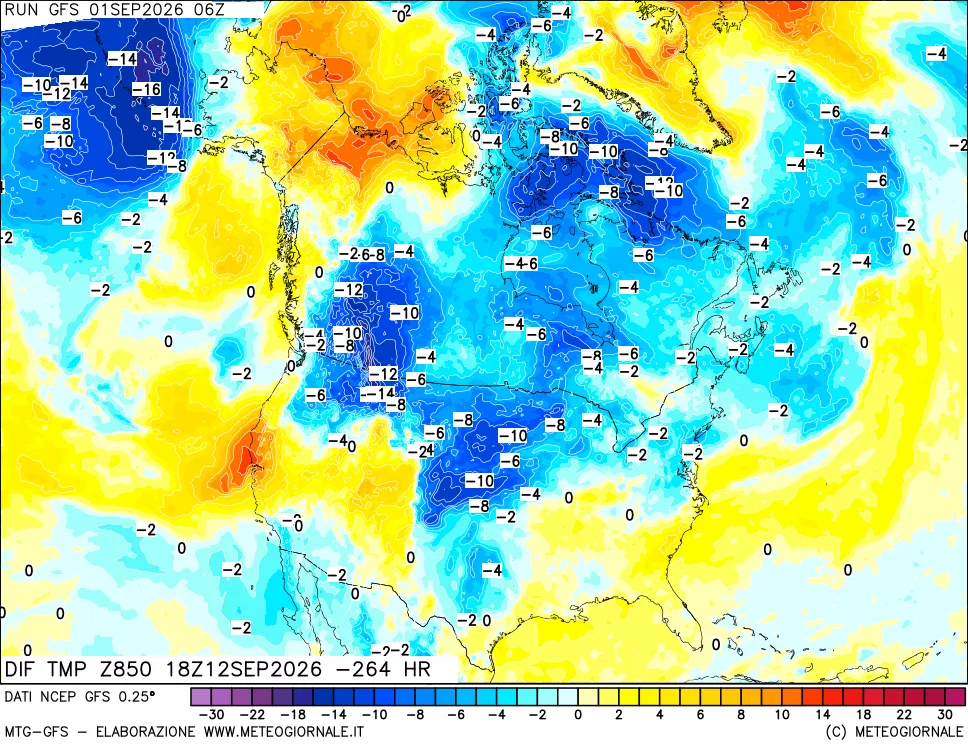 mappa Dif. Temp a 850 hPa Valid - Init
