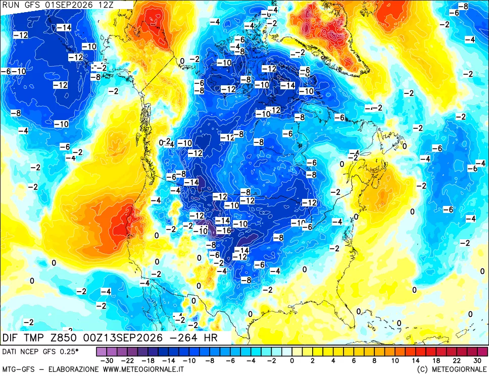 mappa Dif. Temp a 850 hPa Valid - Init