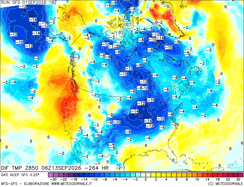 mappa Dif. Temp a 850 hPa Valid - Init