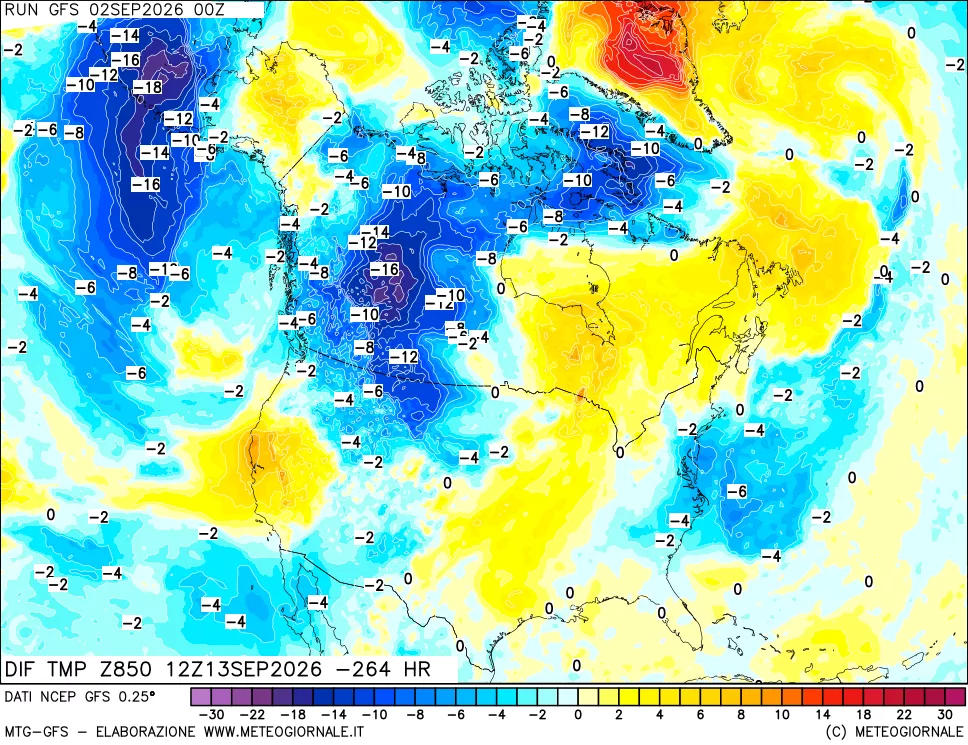mappa Dif. Temp a 850 hPa Valid - Init