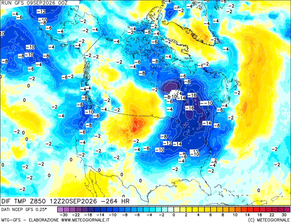 mappa Dif. Temp a 850 hPa Valid - Init