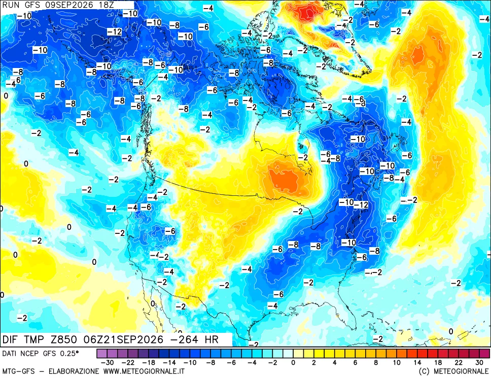 mappa Dif. Temp a 850 hPa Valid - Init