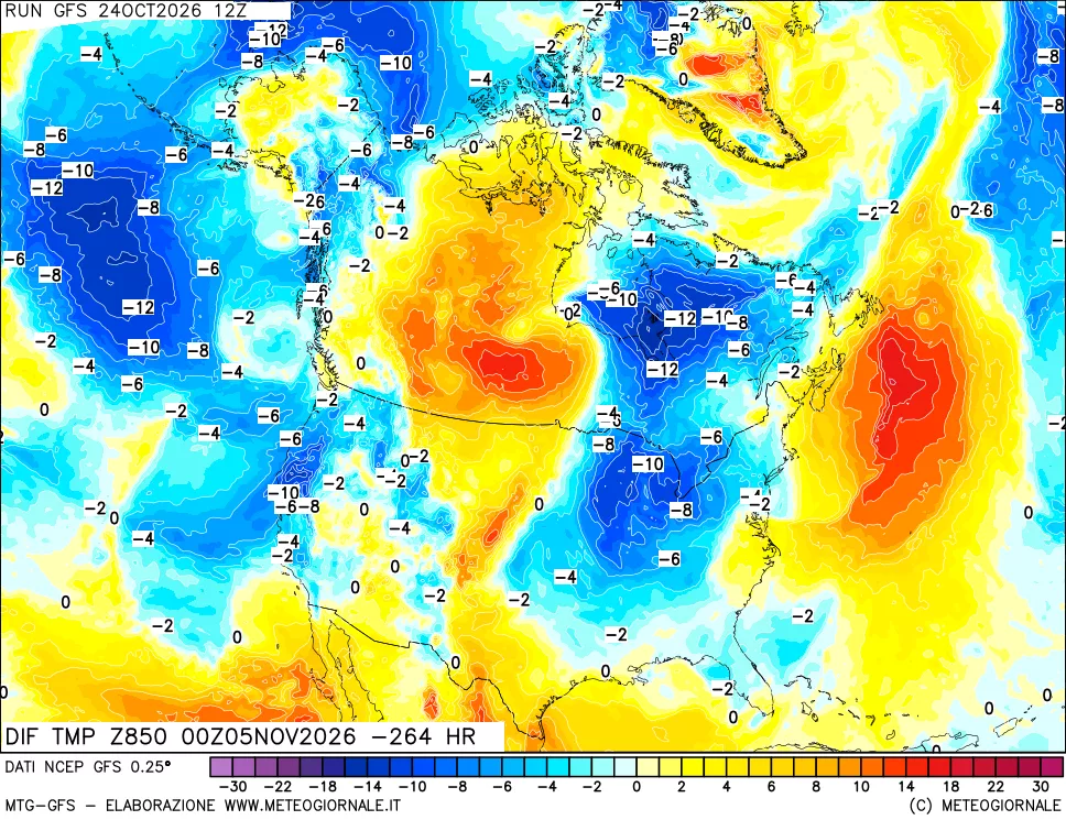 mappa Dif. Temp a 850 hPa Valid - Init