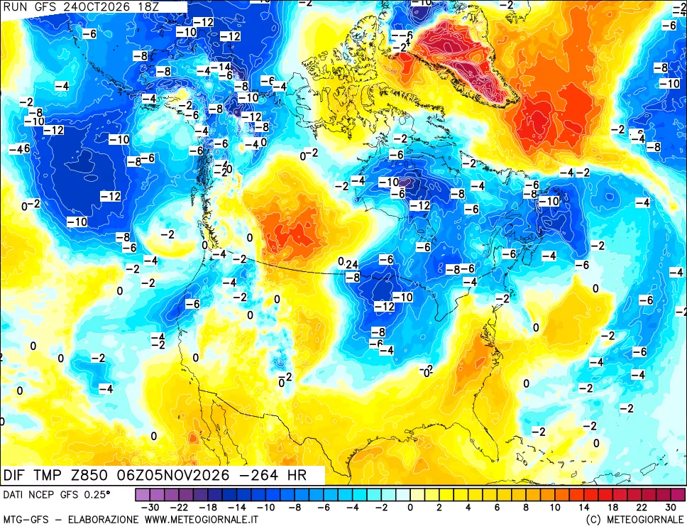 mappa Dif. Temp a 850 hPa Valid - Init