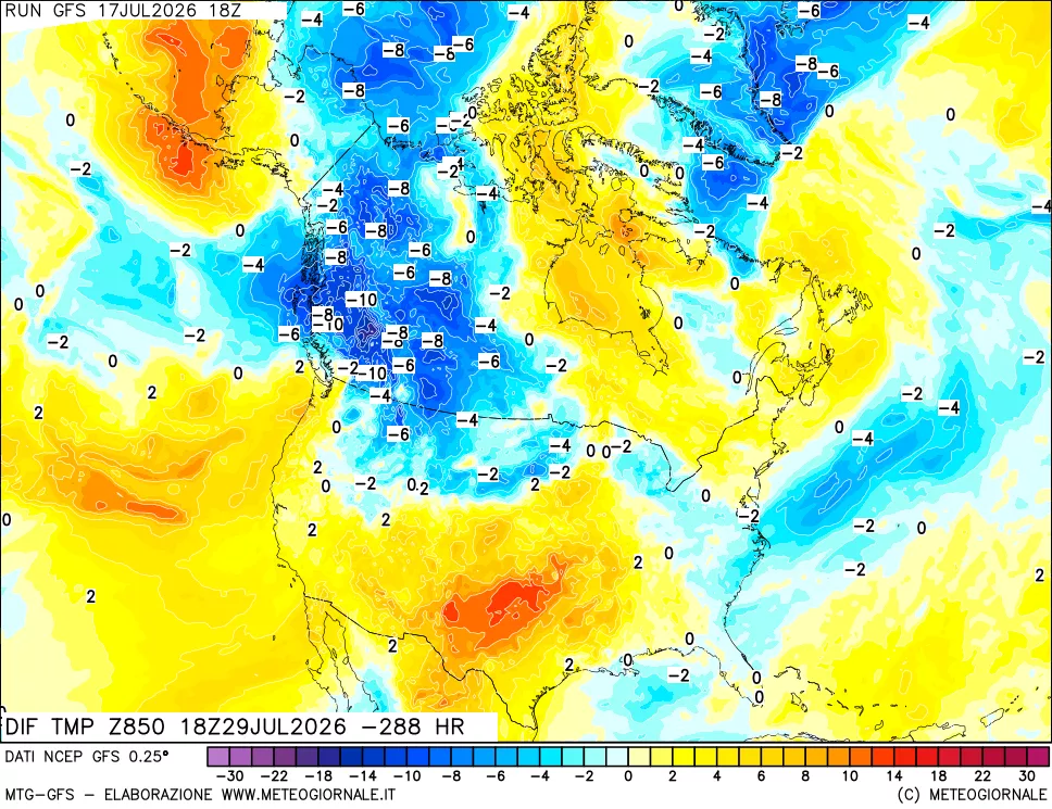 mappa Dif. Temp a 850 hPa Valid - Init