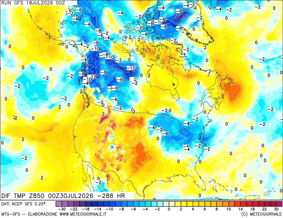 mappa Dif. Temp a 850 hPa Valid - Init