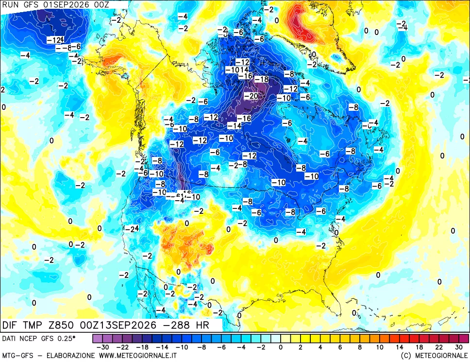 mappa Dif. Temp a 850 hPa Valid - Init