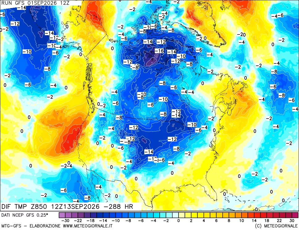 mappa Dif. Temp a 850 hPa Valid - Init