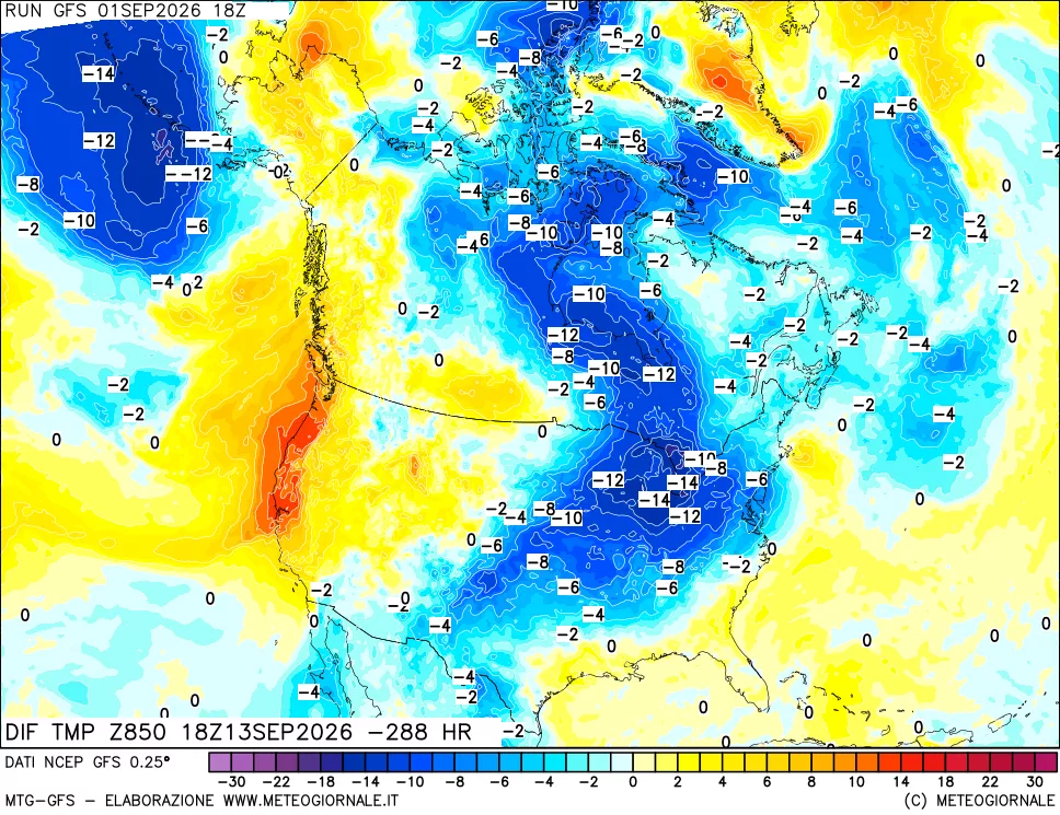mappa Dif. Temp a 850 hPa Valid - Init