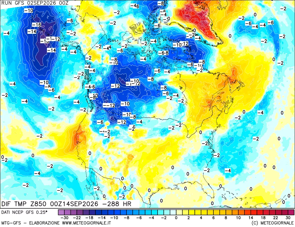 mappa Dif. Temp a 850 hPa Valid - Init