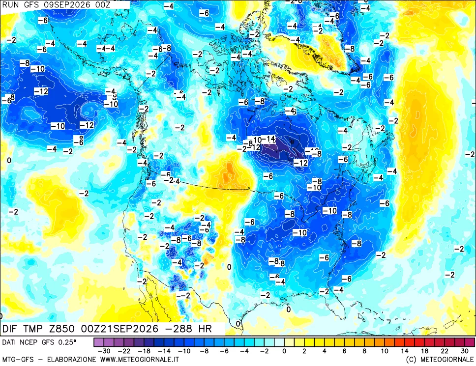 mappa Dif. Temp a 850 hPa Valid - Init
