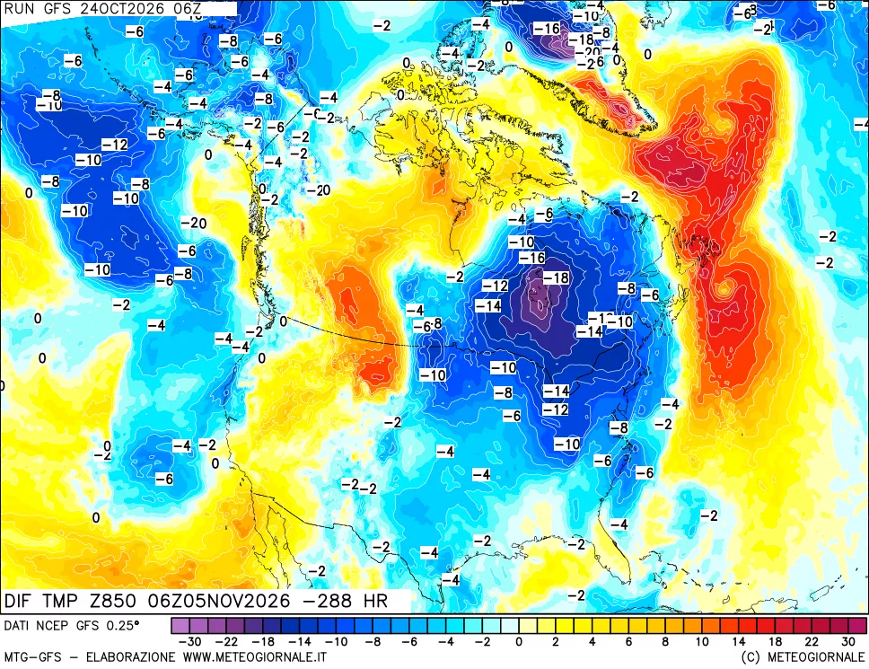 mappa Dif. Temp a 850 hPa Valid - Init