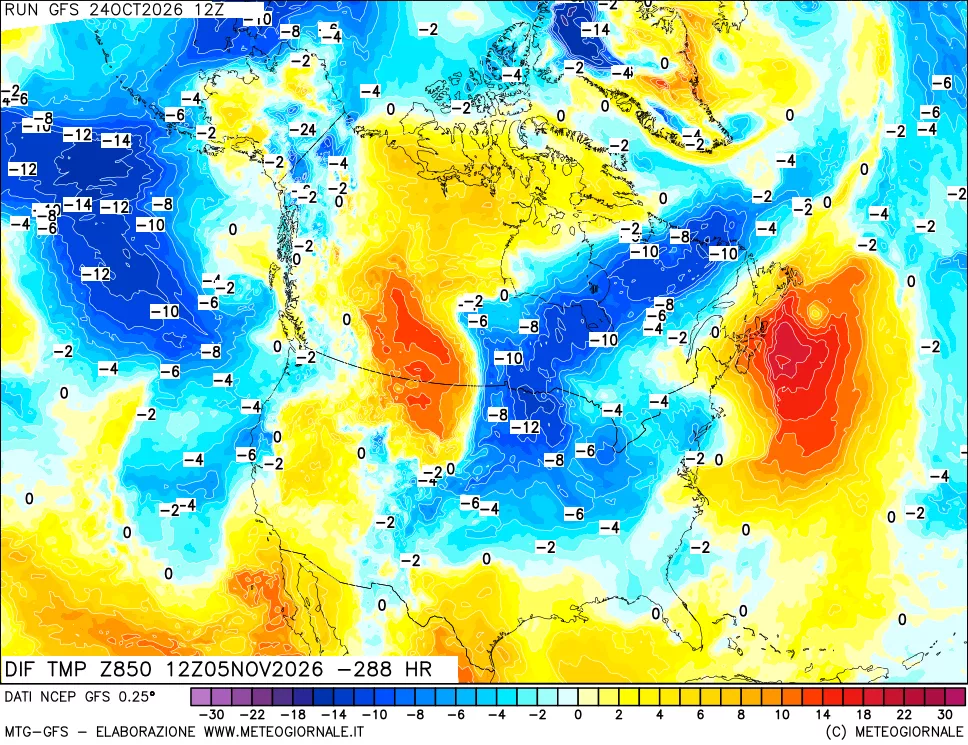 mappa Dif. Temp a 850 hPa Valid - Init