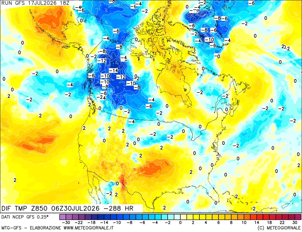 mappa Dif. Temp a 850 hPa Valid - Init