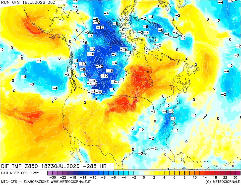 mappa Dif. Temp a 850 hPa Valid - Init