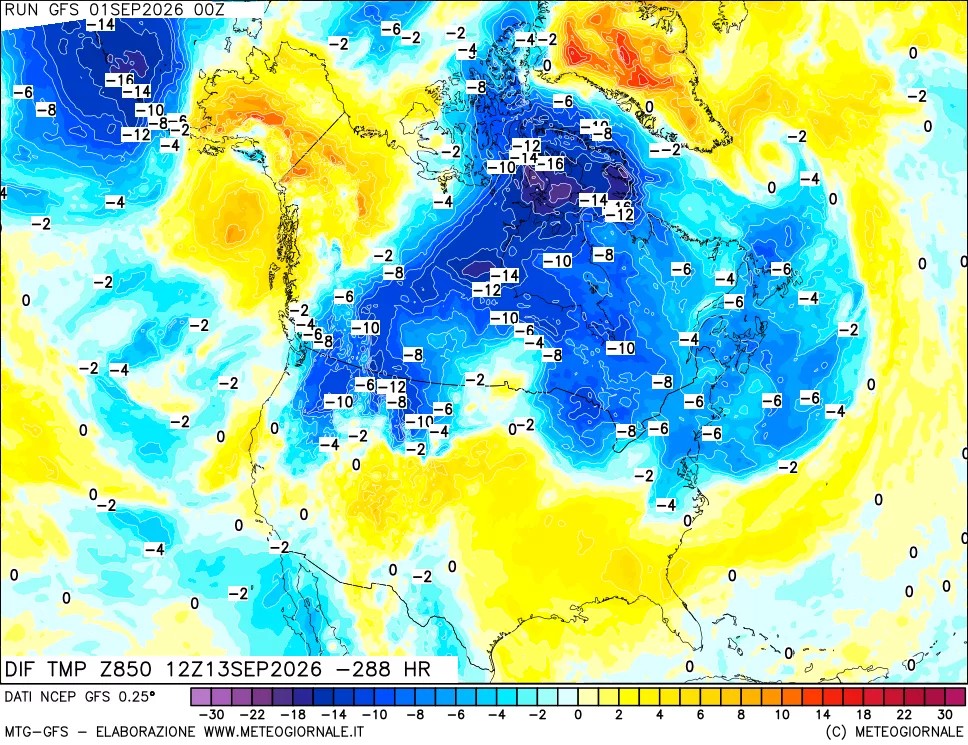 mappa Dif. Temp a 850 hPa Valid - Init