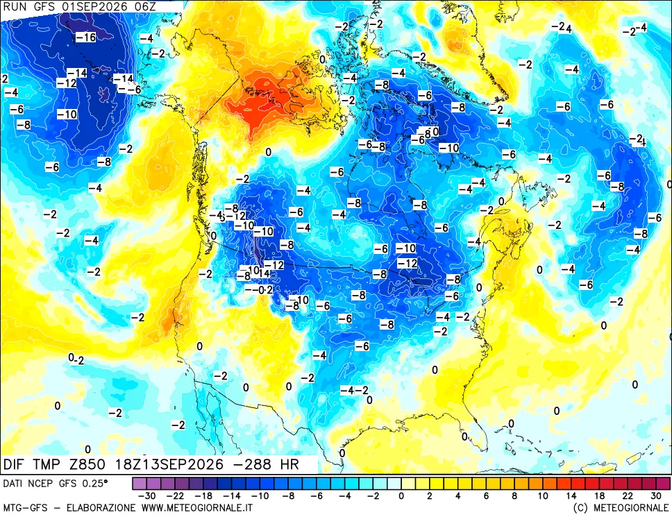 mappa Dif. Temp a 850 hPa Valid - Init