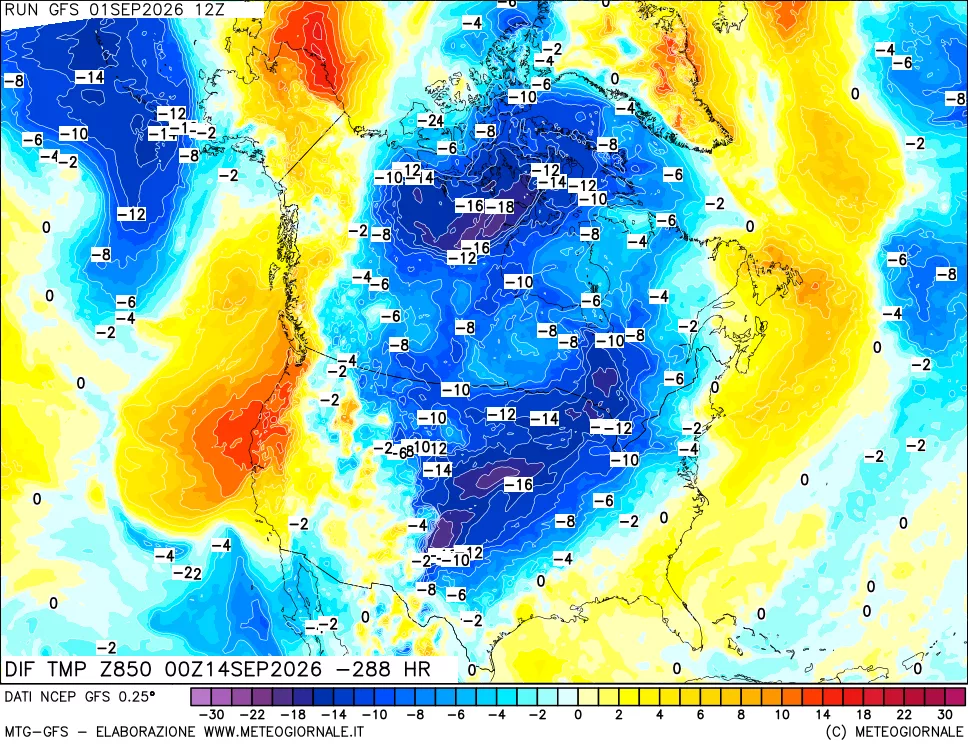 mappa Dif. Temp a 850 hPa Valid - Init