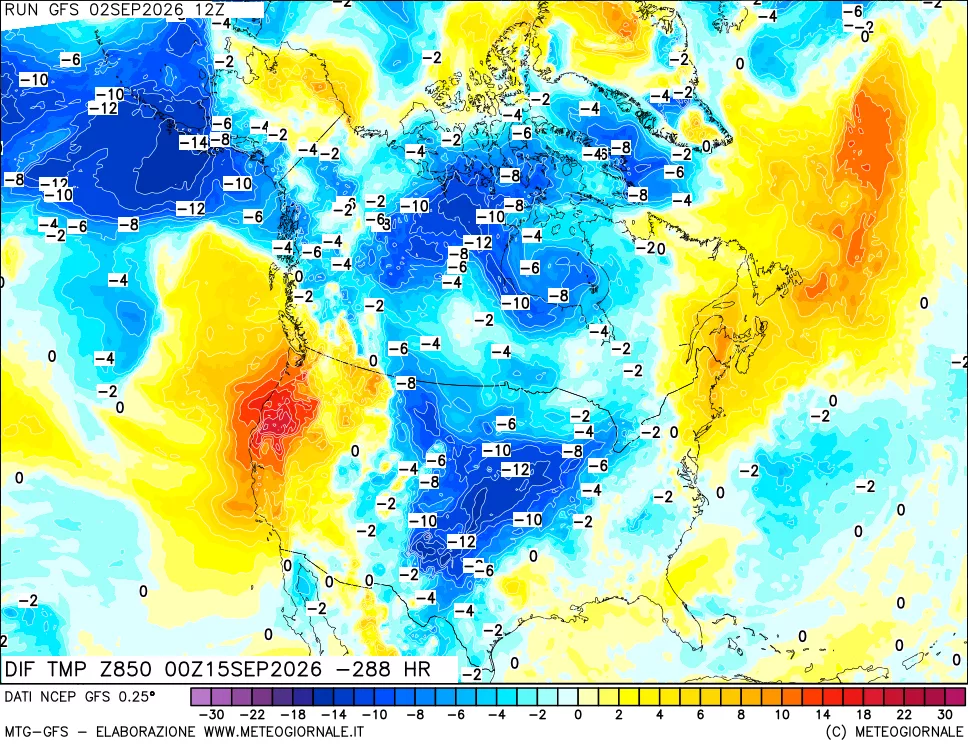 mappa Dif. Temp a 850 hPa Valid - Init