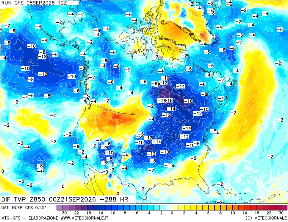 mappa Dif. Temp a 850 hPa Valid - Init