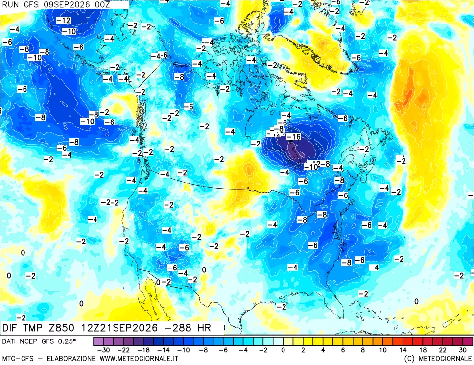 mappa Dif. Temp a 850 hPa Valid - Init