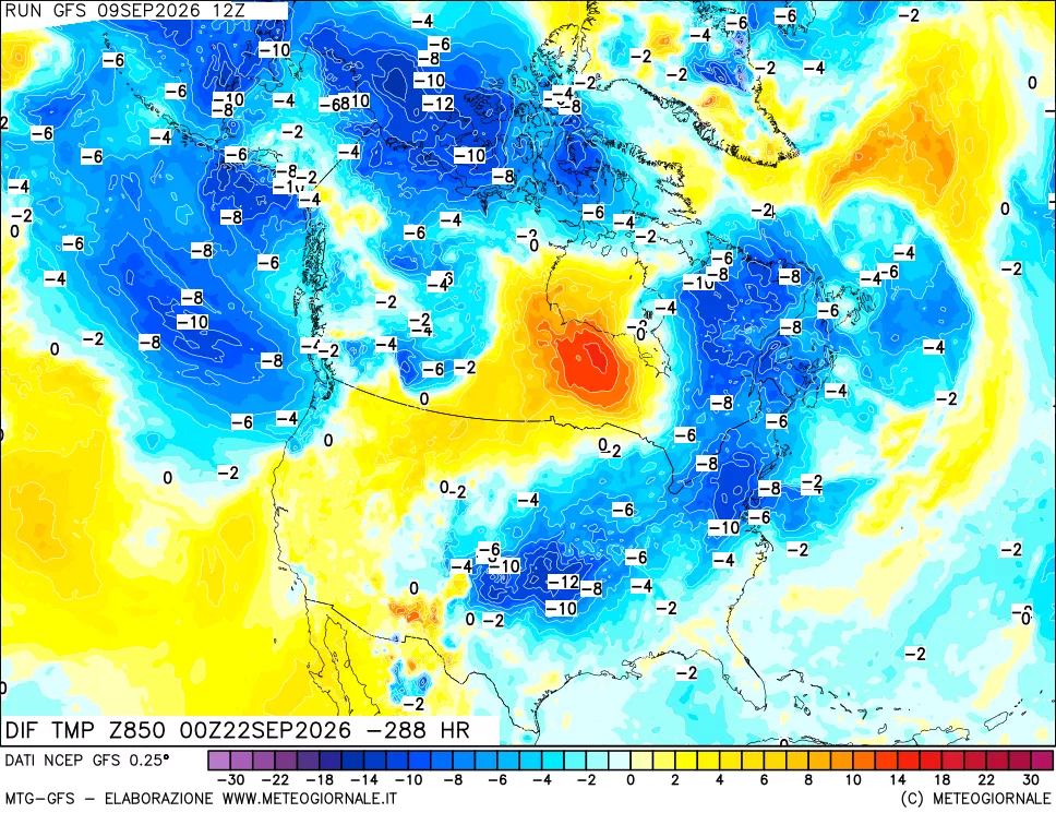 mappa Dif. Temp a 850 hPa Valid - Init