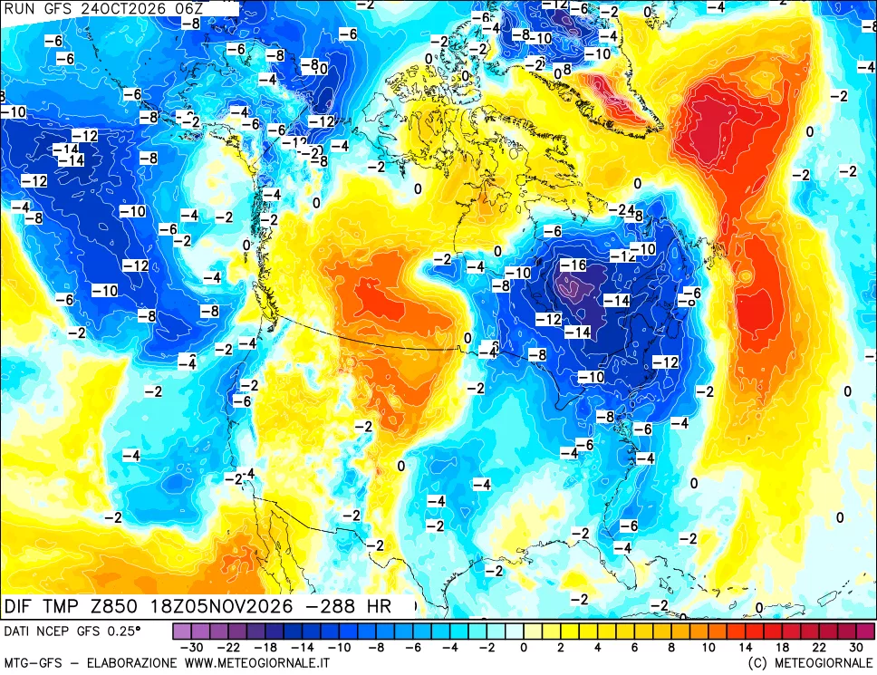mappa Dif. Temp a 850 hPa Valid - Init