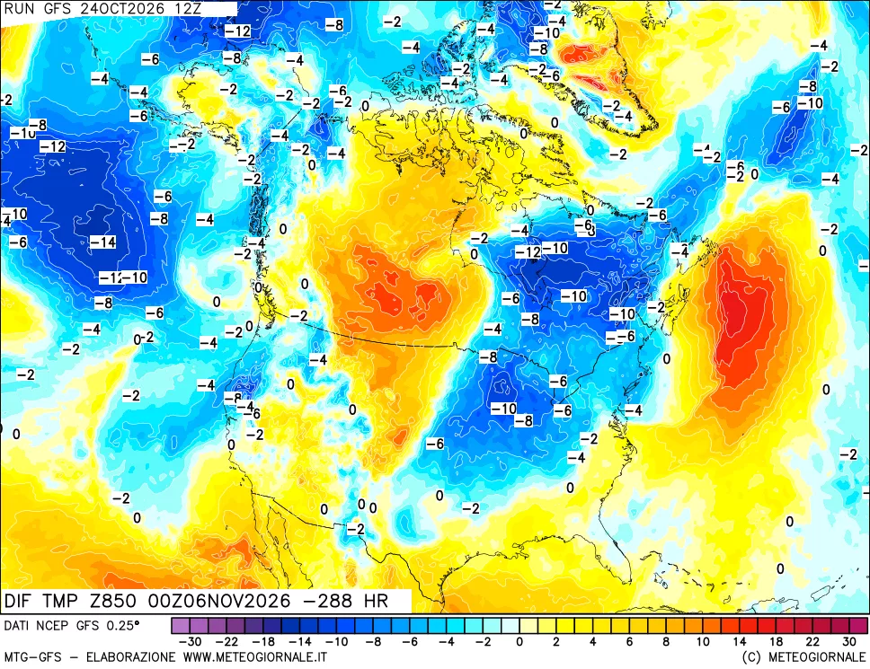 mappa Dif. Temp a 850 hPa Valid - Init