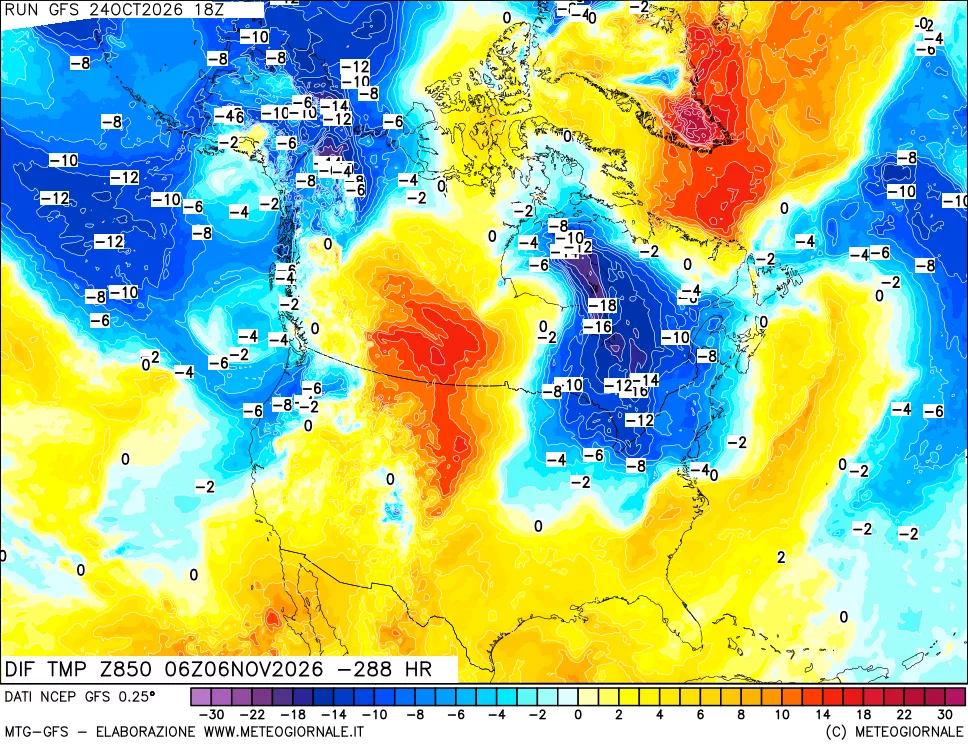 mappa Dif. Temp a 850 hPa Valid - Init