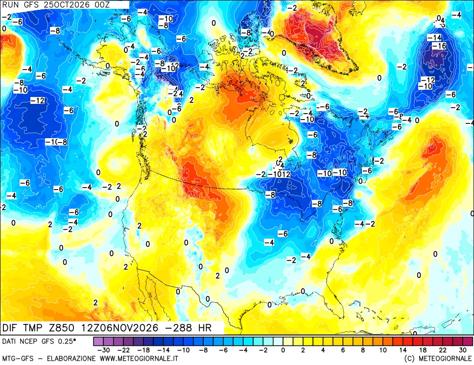 mappa Dif. Temp a 850 hPa Valid - Init