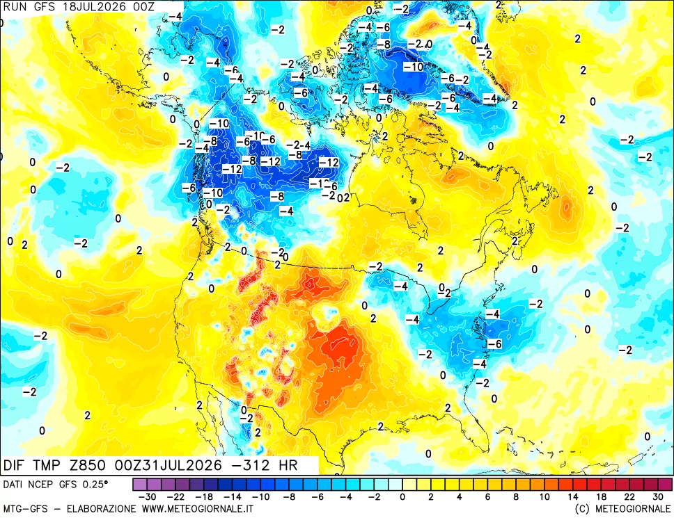mappa Dif. Temp a 850 hPa Valid - Init